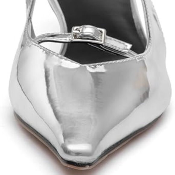 Women's Slingback Kitten Heels Low Heel Pump Sandal Pointed Toe Silver dressy - Picture 5 of 6